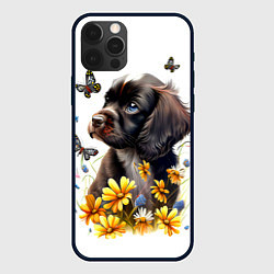 Чехол для iPhone 12 Pro Черный щенок и жёлтые полевые цветы, цвет: 3D-черный