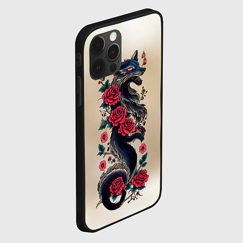 Чехол iPhone 12 Pro Irezumi - татуировка лиса в розах / 3D-Черный – фото 2