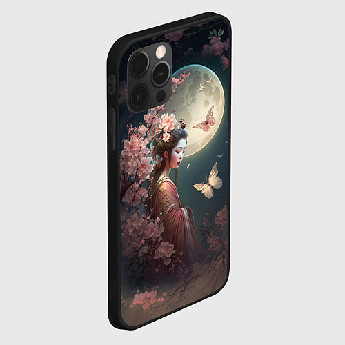 Чехол iPhone 12 Pro Девушка в сакуре под луной / 3D-Черный – фото 2