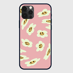 Чехол для iPhone 12 Pro Искаженные смайлы-цветы на розовом паттер, цвет: 3D-черный