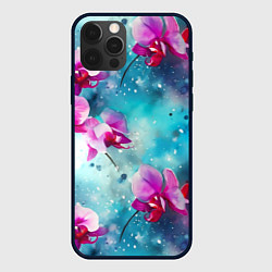 Чехол для iPhone 12 Pro Розовые орхидеи на бирюзовом - паттерн акварель, цвет: 3D-черный