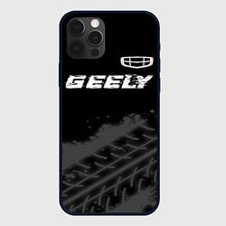 Чехол iPhone 12 Pro Geely speed на темном фоне со следами шин: символ