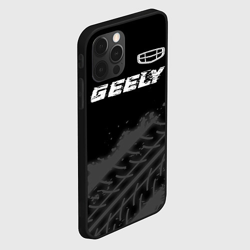 Чехол iPhone 12 Pro Geely speed на темном фоне со следами шин: символ / 3D-Черный – фото 2