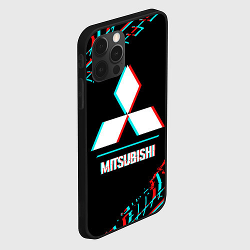 Чехол iPhone 12 Pro Значок Mitsubishi в стиле glitch на темном фоне / 3D-Черный – фото 2