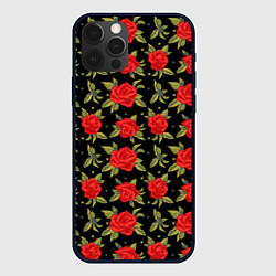 Чехол для iPhone 12 Pro Красные розы паттерн, цвет: 3D-черный