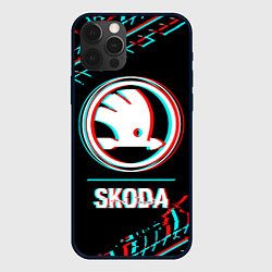 Чехол для iPhone 12 Pro Значок Skoda в стиле glitch на темном фоне, цвет: 3D-черный