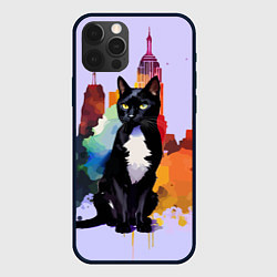Чехол для iPhone 12 Pro Милая кисуля в Нью-Йорке - акварель, цвет: 3D-черный