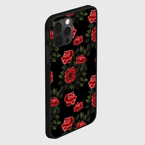 Чехол iPhone 12 Pro Красные розы на черном - паттерн / 3D-Черный – фото 2
