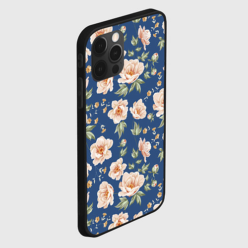 Чехол iPhone 12 Pro Розовые пионы на синем фоне / 3D-Черный – фото 2