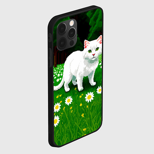 Чехол iPhone 12 Pro Белый кот на лугу пиксель арт / 3D-Черный – фото 2