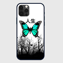 Чехол для iPhone 12 Pro С бабочкой на фоне японского иероглифа, цвет: 3D-черный