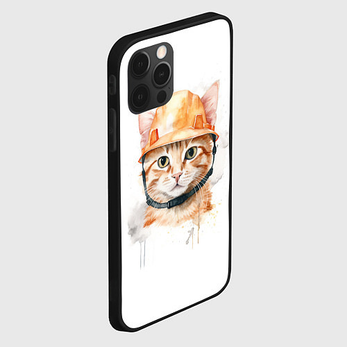 Чехол iPhone 12 Pro Акварельный кот в строительной каске / 3D-Черный – фото 2