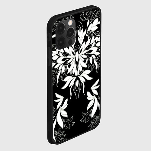 Чехол iPhone 12 Pro Цветы орнамент чб / 3D-Черный – фото 2