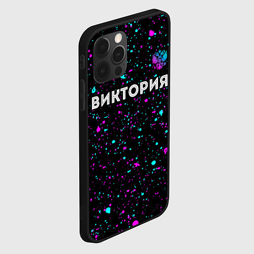 Чехол iPhone 12 Pro Виктория и неоновый герб России: символ сверху / 3D-Черный – фото 2