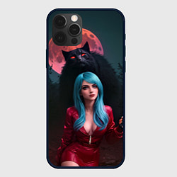 Чехол iPhone 12 Pro Девушка в красном костюме с чёрным котом