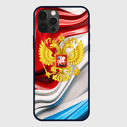 Чехол для iPhone 12 Pro Герб России на фоне флага, цвет: 3D-черный