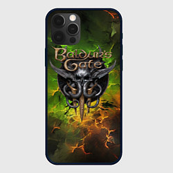 Чехол для iPhone 12 Pro Baldurs Gate 3 logo dark green fire, цвет: 3D-черный