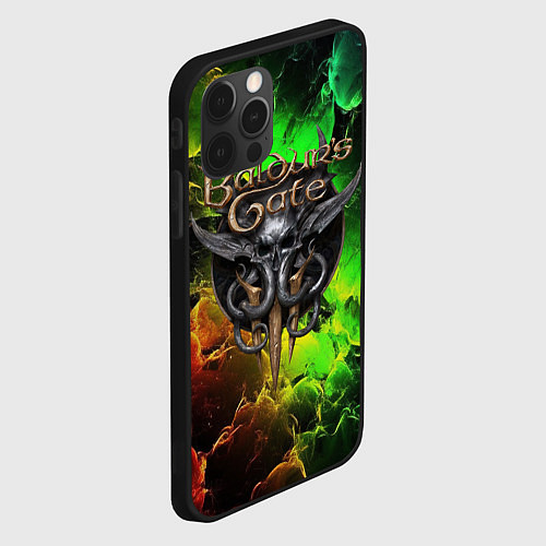 Чехол iPhone 12 Pro Baldurs Gate 3 logo dark red green fire / 3D-Черный – фото 2