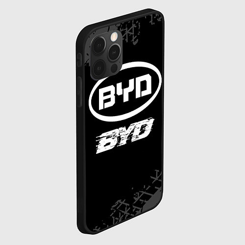 Чехол iPhone 12 Pro BYD speed на темном фоне со следами шин / 3D-Черный – фото 2