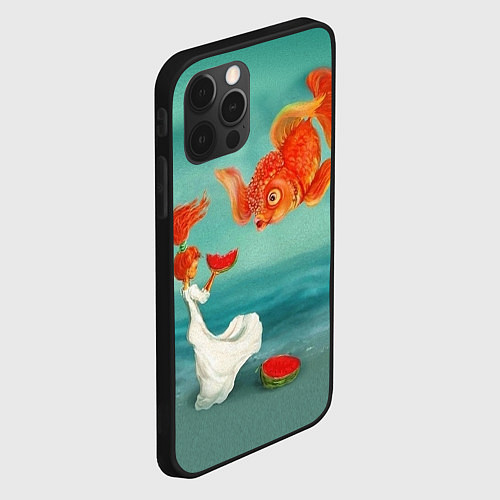Чехол iPhone 12 Pro Девочка с арбузом и золотая рыбка / 3D-Черный – фото 2