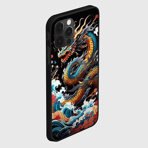 Чехол iPhone 12 Pro Дракон на волнах в японском стиле арт / 3D-Черный – фото 2