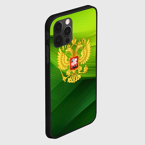 Чехол iPhone 12 Pro Золотистый герб России на зеленом фоне / 3D-Черный – фото 2