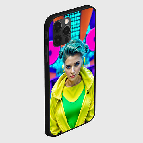 Чехол iPhone 12 Pro Девушка в жёлтой куртке и наушниках / 3D-Черный – фото 2