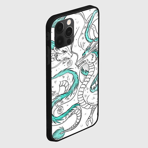 Чехол iPhone 12 Pro Дракон Хаку в стиле тату: белый и бирюзовый паттер / 3D-Черный – фото 2
