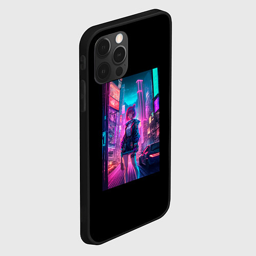 Чехол iPhone 12 Pro Девушка киберпанк в городе / 3D-Черный – фото 2