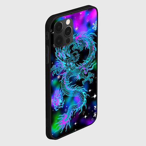 Чехол iPhone 12 Pro Неоновый дракон в снежинках / 3D-Черный – фото 2