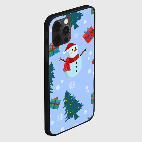 Чехол iPhone 12 Pro Снеговики с новогодними подарками паттерн / 3D-Черный – фото 2