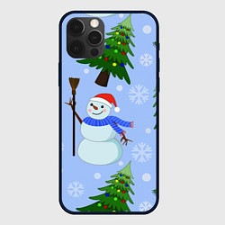 Чехол для iPhone 12 Pro Снеговики с новогодними елками паттерн, цвет: 3D-черный