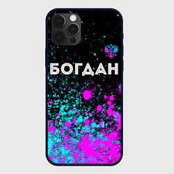 Чехол для iPhone 12 Pro Богдан и неоновый герб России: символ сверху, цвет: 3D-черный
