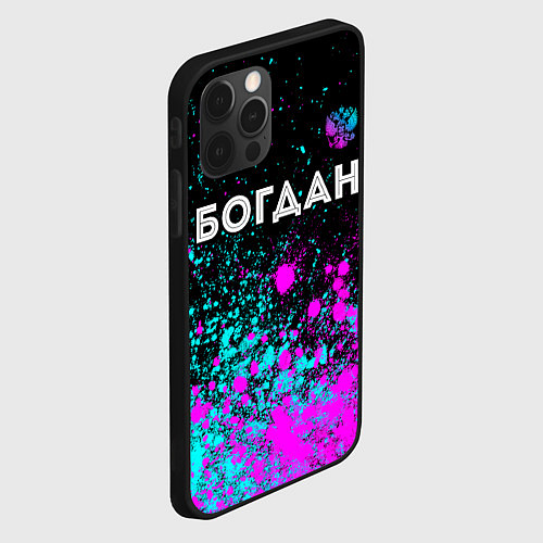 Чехол iPhone 12 Pro Богдан и неоновый герб России: символ сверху / 3D-Черный – фото 2