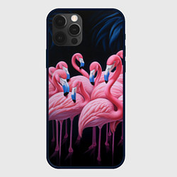 Чехол для iPhone 12 Pro Стая розовых фламинго в темноте, цвет: 3D-черный