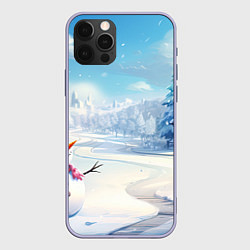 Чехол для iPhone 12 Pro Новогодний пейзаж снеговик, цвет: 3D-светло-сиреневый