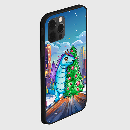 Чехол iPhone 12 Pro Дракон у новогодней елки / 3D-Черный – фото 2