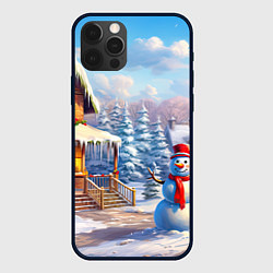 Чехол iPhone 12 Pro Новогодняя деревня и снеговик