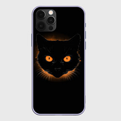 Чехол для iPhone 12 Pro Портрет черного кота в оранжевом свечении, цвет: 3D-светло-сиреневый