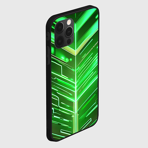 Чехол iPhone 12 Pro Зелёные неон полосы киберпанк / 3D-Черный – фото 2