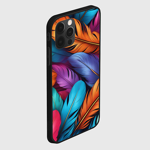 Чехол iPhone 12 Pro Перья паттерн - нейросеть / 3D-Черный – фото 2