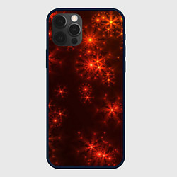 Чехол для iPhone 12 Pro Абстрактные светящиеся красно оранжевые снежинки, цвет: 3D-черный