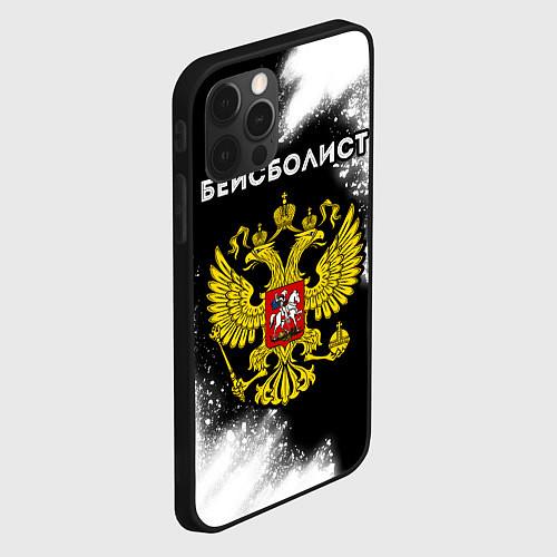 Чехол iPhone 12 Pro Бейсболист из России и герб РФ / 3D-Черный – фото 2