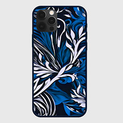 Чехол для iPhone 12 Pro Синий и белый узор на чёрном фоне, цвет: 3D-черный