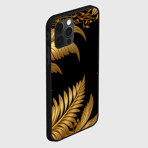 Чехол iPhone 12 Pro Золотые объемные листья узоры / 3D-Черный – фото 2