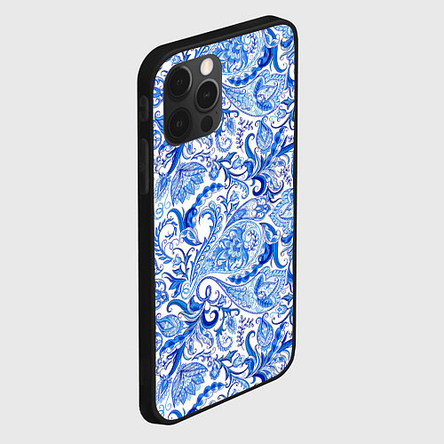Чехол iPhone 12 Pro Гжельская роспись на белом фоне / 3D-Черный – фото 2