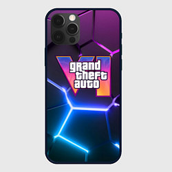 Чехол для iPhone 12 Pro GTA 6 лого на фоне разлома фиолетовых и синих плит, цвет: 3D-черный