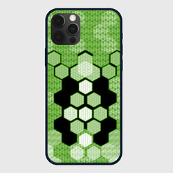 Чехол для iPhone 12 Pro Зелёная кибер броня hexagons, цвет: 3D-черный