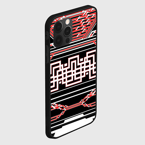 Чехол iPhone 12 Pro Красные и белые линии киберпанк / 3D-Черный – фото 2