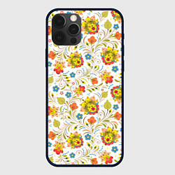 Чехол для iPhone 12 Pro Хохломская роспись разноцветные цветы на белом фон, цвет: 3D-черный